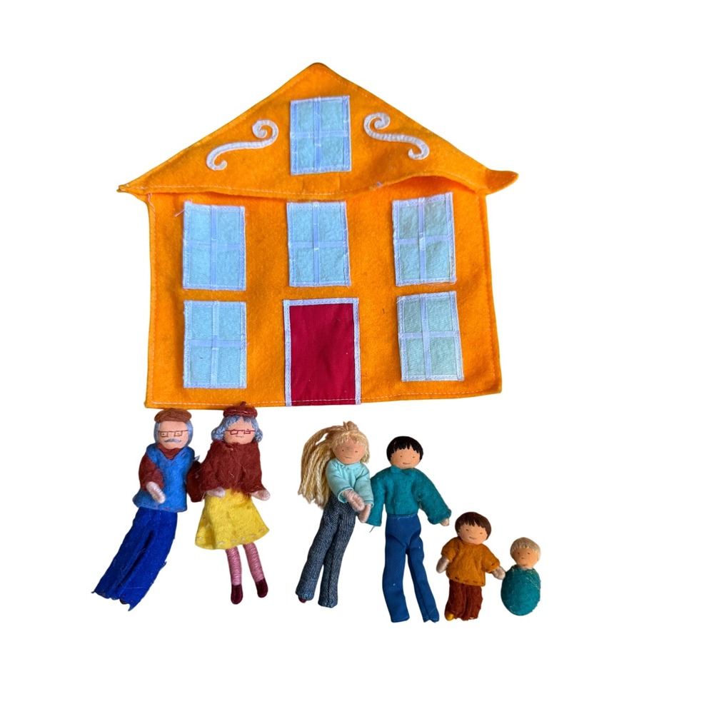 Handmade Waldorf Felt Doll Family Set with Orange House Carrying Case 6 Figures